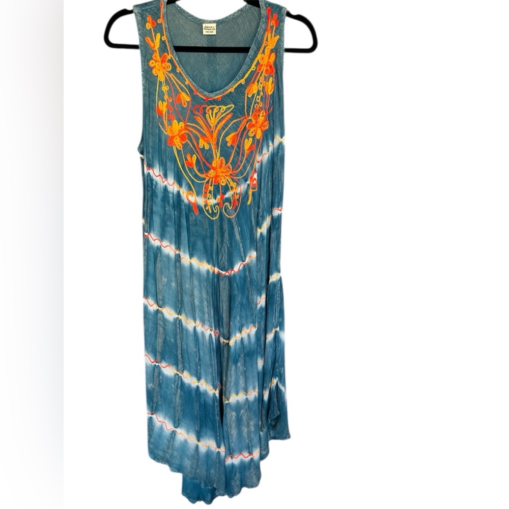 SEVEN ISLANDS Sleeveless Blue Tie-Dye Maxi Dress with Orange Embroidered Yoke